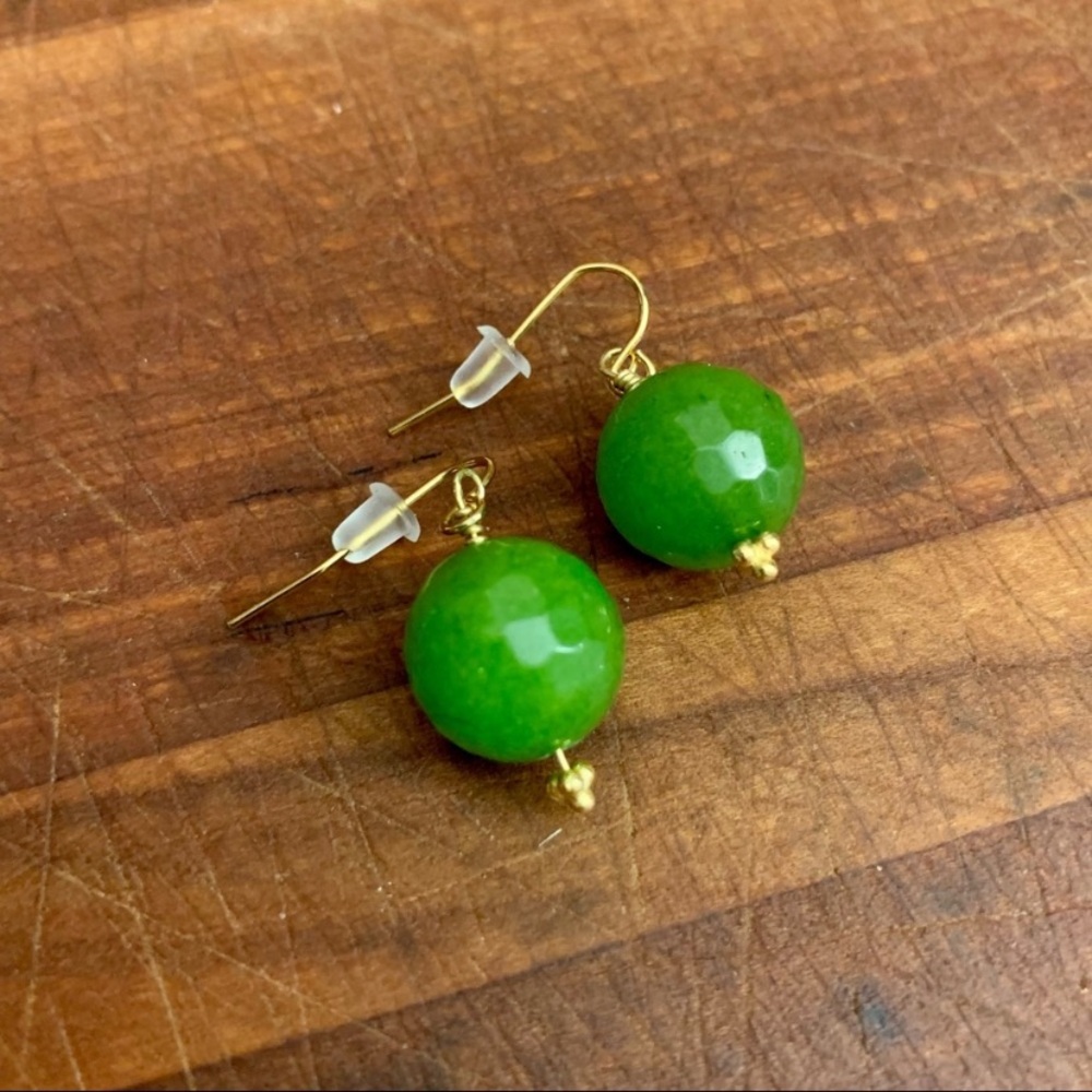 10mm Faceted Jade Drop Earrings Bali Gold Findings